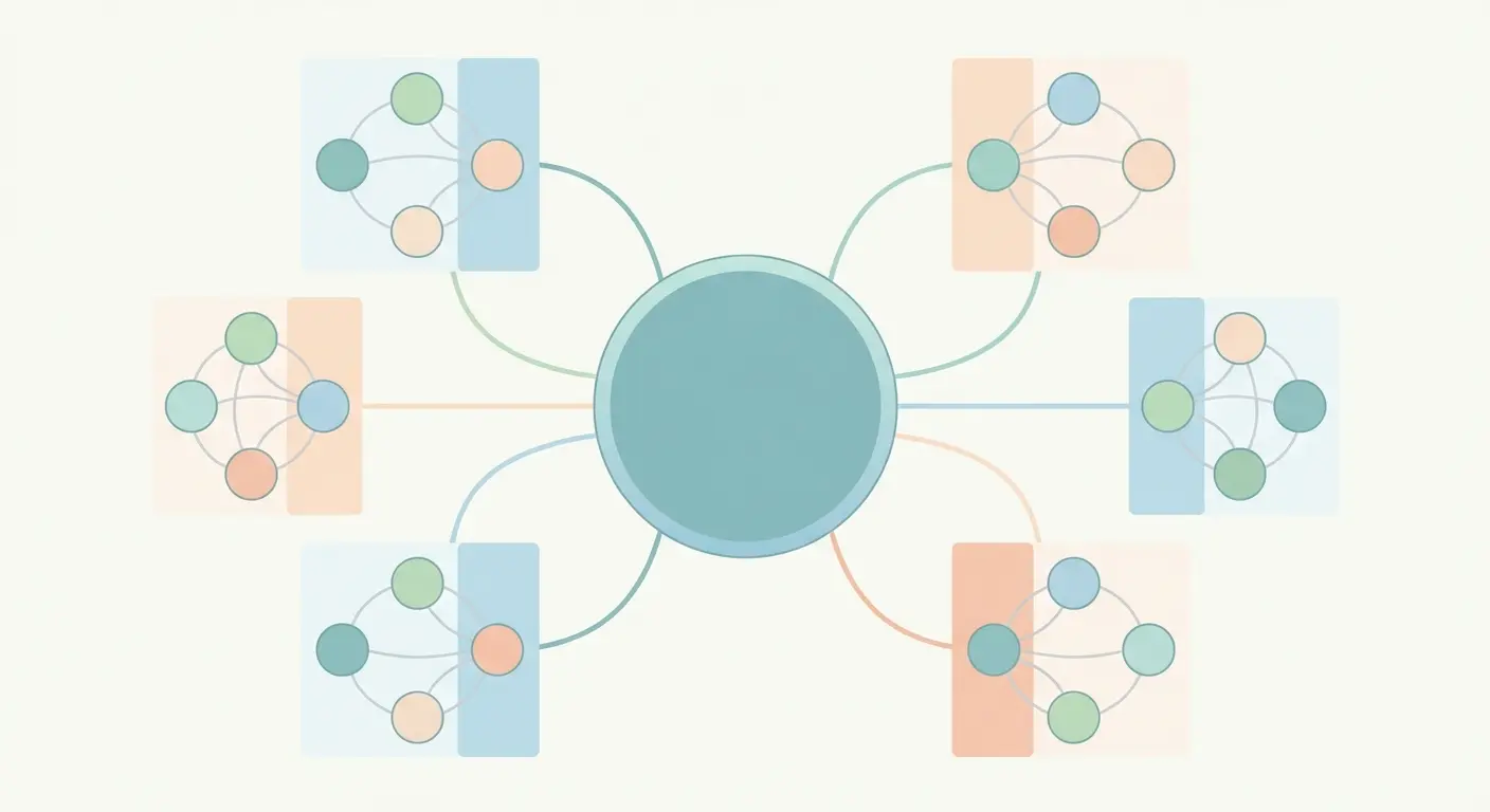 Topical authority SEO framework diagram showing pillar pages connected to cluster content nodes through semantic relationships