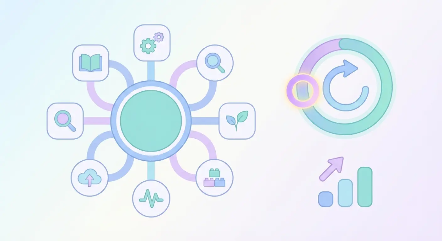 Topical authority SEO trust threshold diagram showing hub-and-spoke topic node network with authority progress gauge