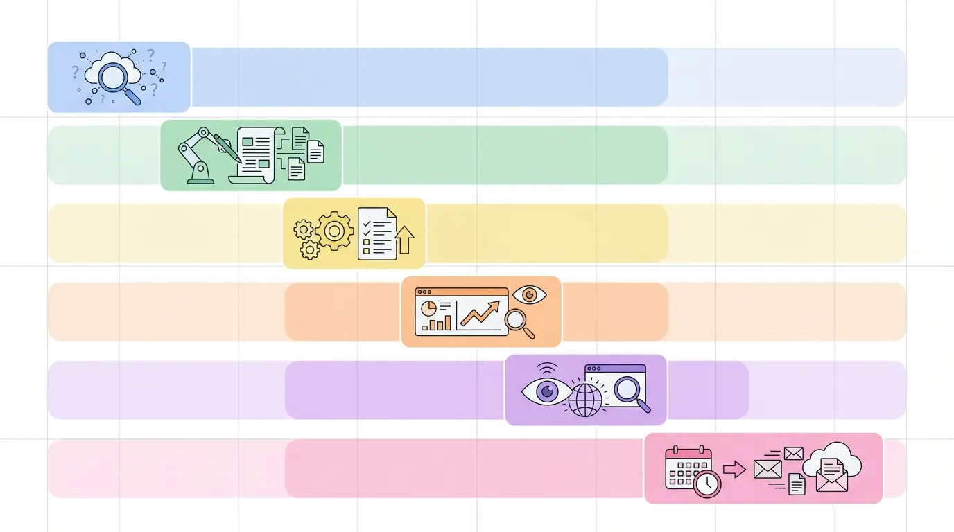 AI SEO tech stack comparison for 2025 showing six tool categories: keyword research, content generation, content optimization, performance tracking, AI visibility monitoring, and publishing automation