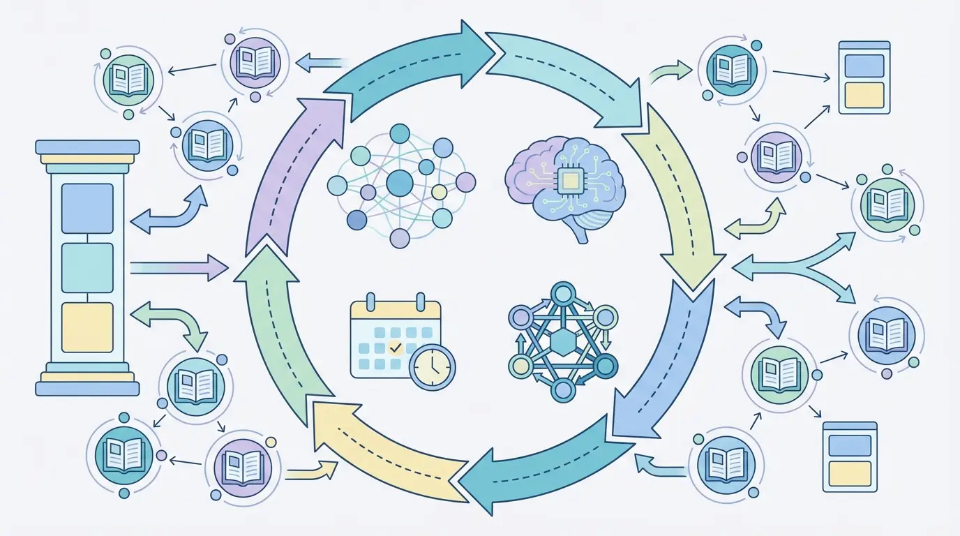 Automated AI content and SEO automation workflow diagram showing keyword clustering, content generation, internal linking, and scheduled publishing pipeline