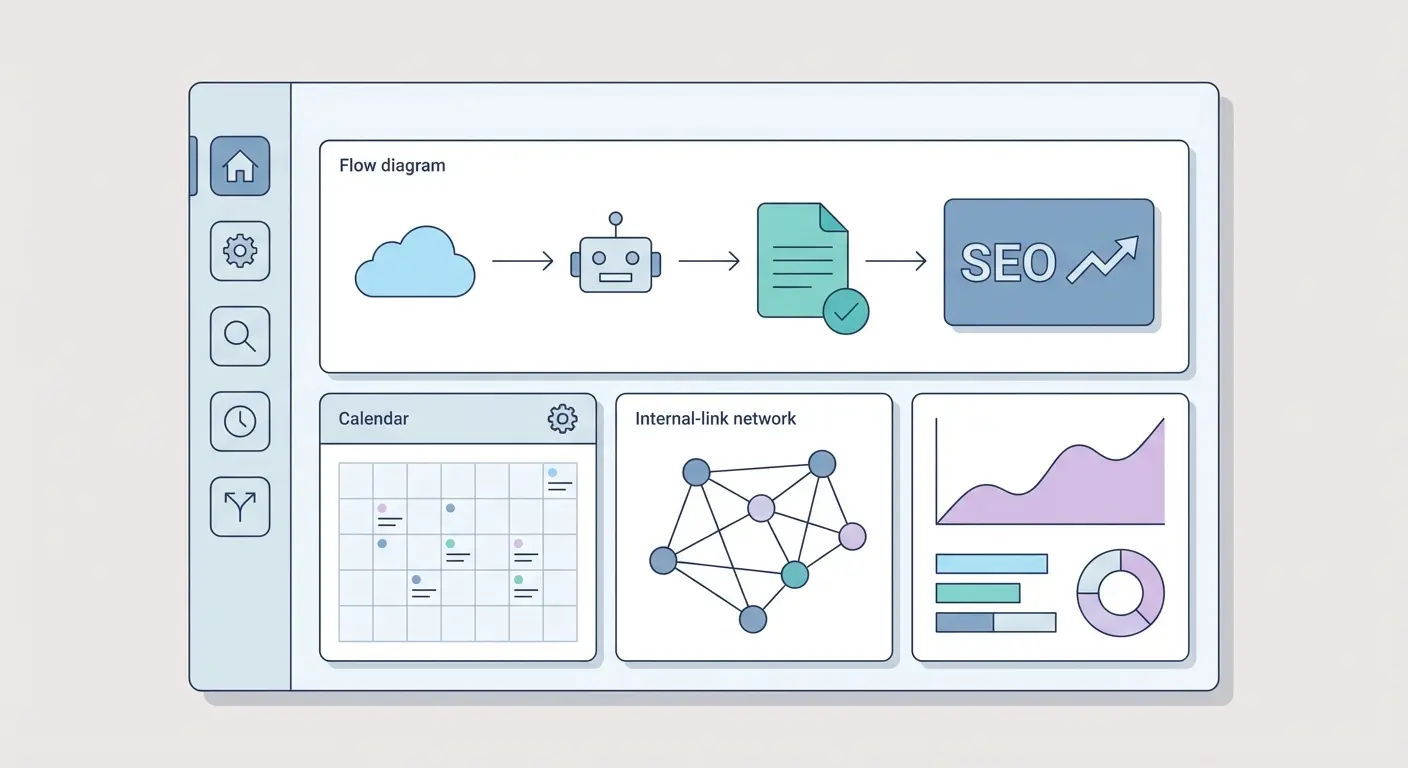Automated WordPress SEO and content automation workflow dashboard showing AI content pipeline, internal link network, and publishing calendar