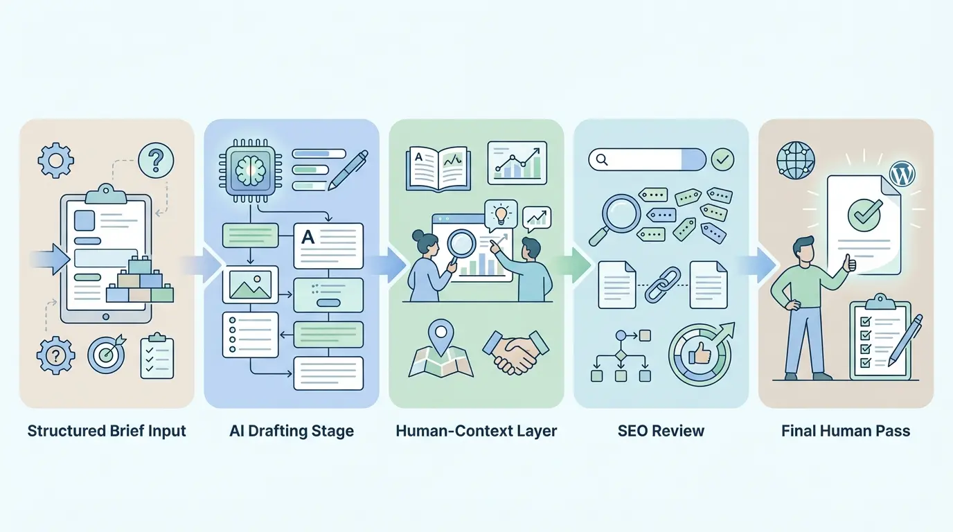 AI content generation workflow for WordPress SEO showing structured brief input flowing through drafting, human context, SEO review, and final quality check stages