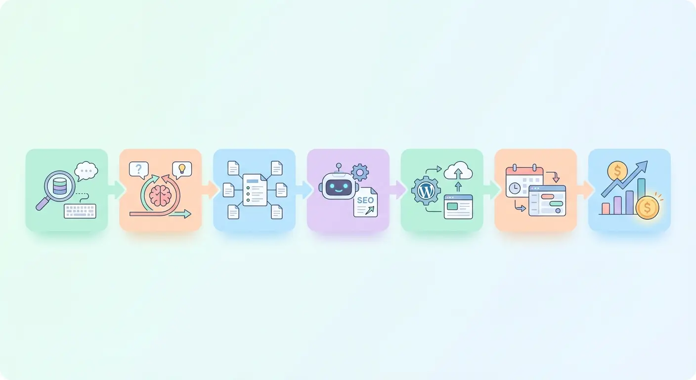 End-to-end automated blog writing and AI SEO content automation workflow — from keyword research and intent mapping through pillar-cluster briefs, AI content generation, WordPress publishing, and performance tracking