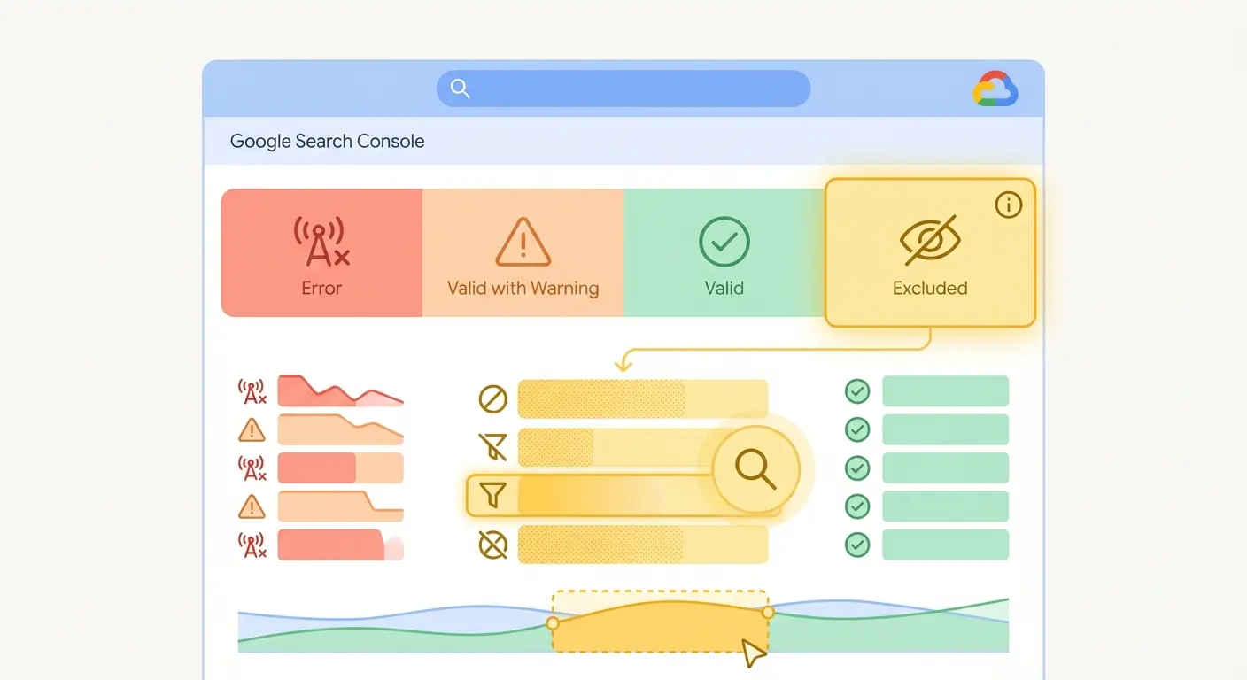 Google Search Console coverage report showing excluded pages categories including crawled not indexed and discovered not indexed