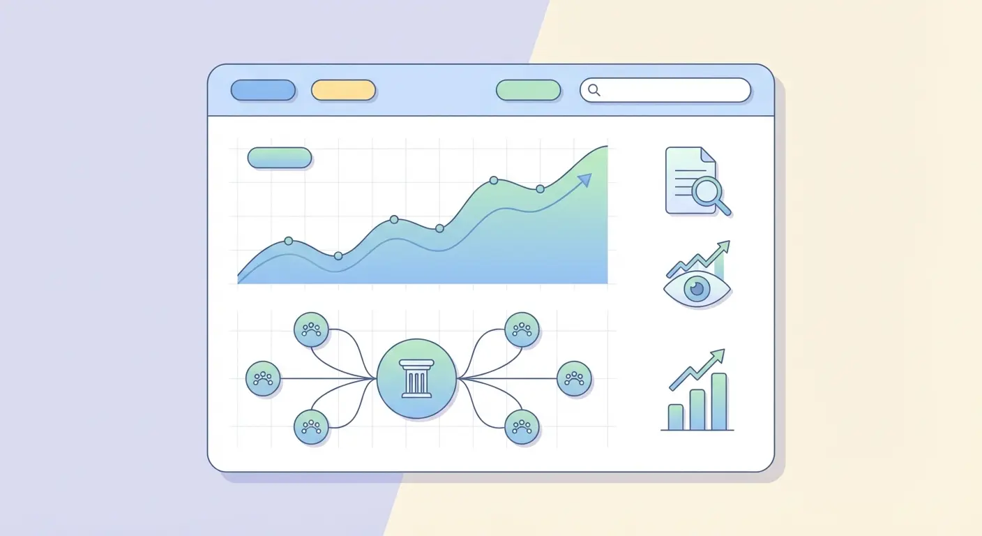 AI-powered SEO dashboard showing rising organic traffic chart, pillar-cluster content architecture, and KPI metrics for indexed pages and keyword rankings