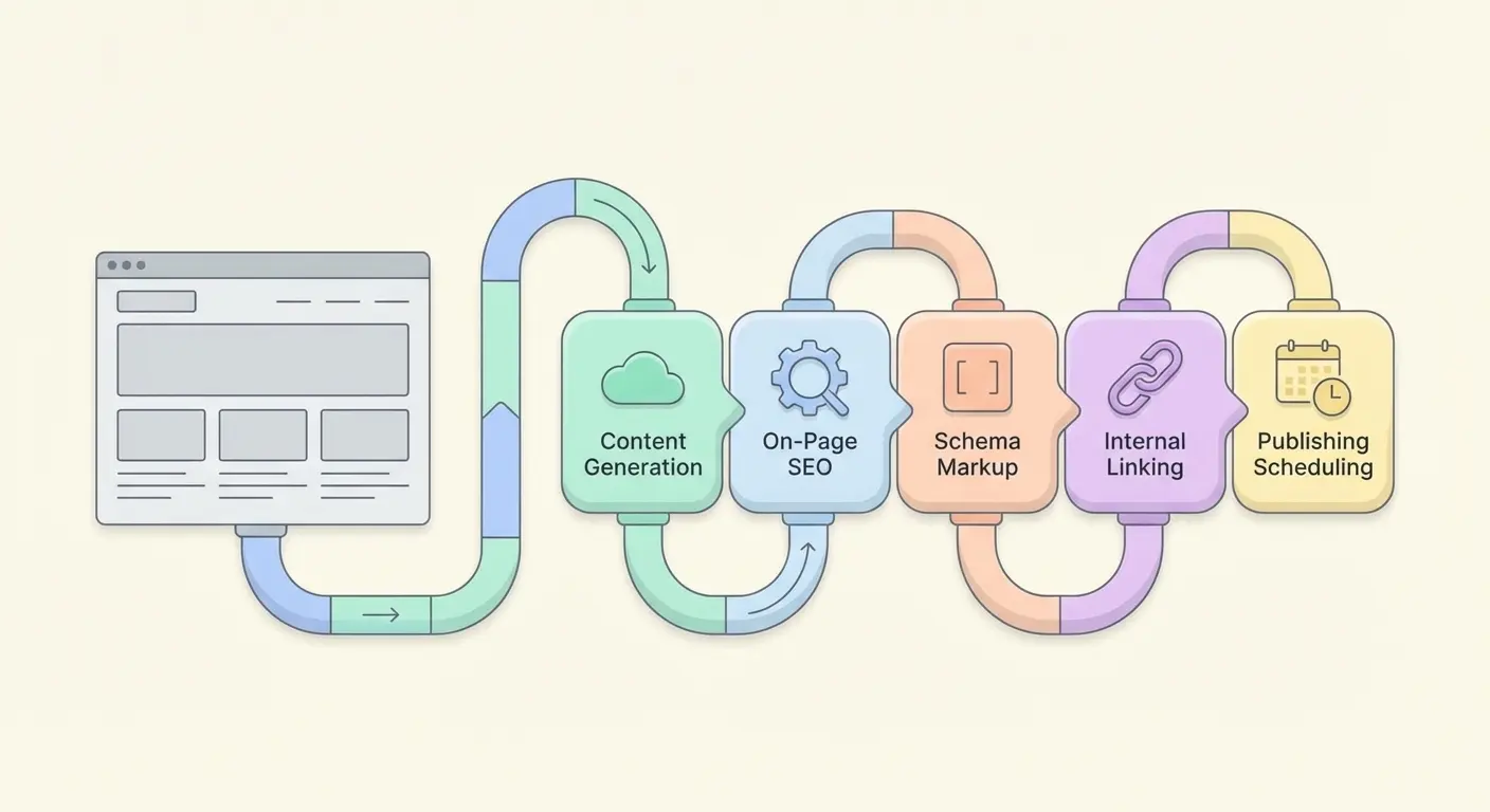 WordPress content automation and SEO plugin pipeline showing content generation, on-page optimization, schema markup, internal linking, and automated publishing flow
