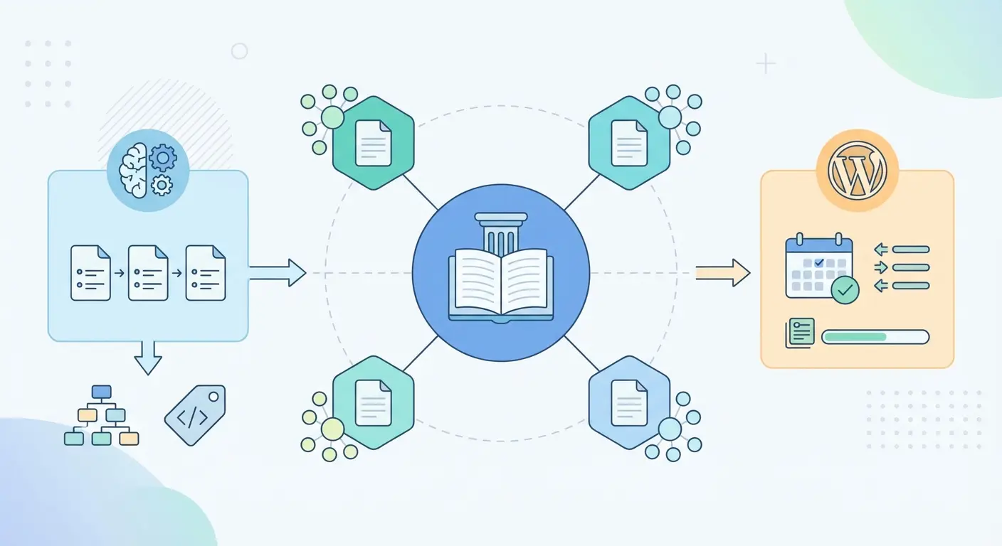 WordPress automated content publishing workflow diagram showing pillar page hub connected to cluster posts with AI drafting and scheduled publishing modules
