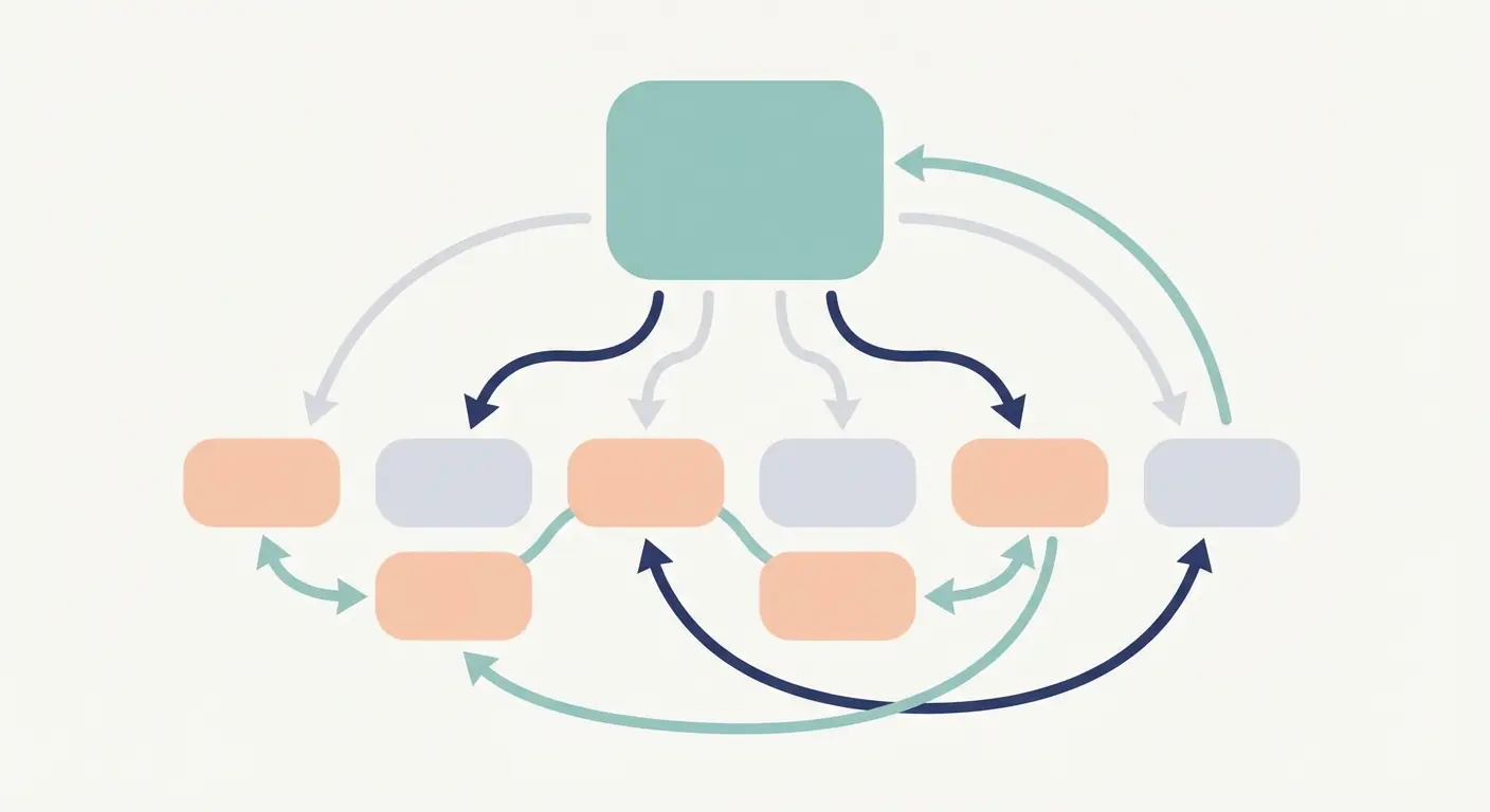 Internal linking architecture diagram for pillar-cluster content strategy showing how link signals and topical authority flow between a pillar page and cluster pages to improve crawl efficiency and scalable SEO