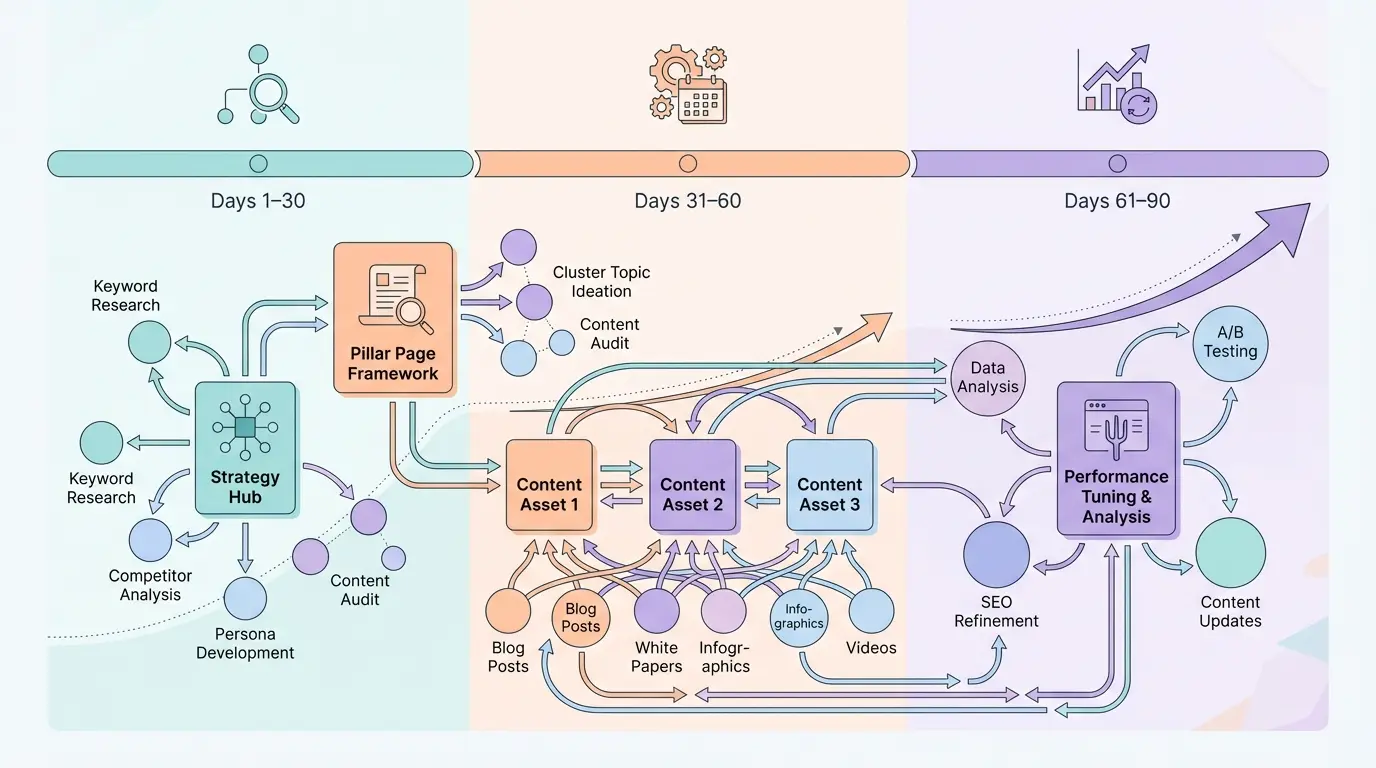 90-day AI content strategy roadmap showing three phases — Foundation, Production, and Optimization — with rising organic traffic curve and pillar-cluster content structure