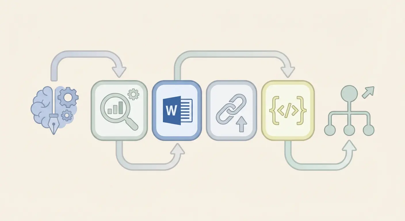WordPress content automation SEO workflow diagram showing AI content generation, SEO plugin optimization, publishing, internal linking, and sitemap updating