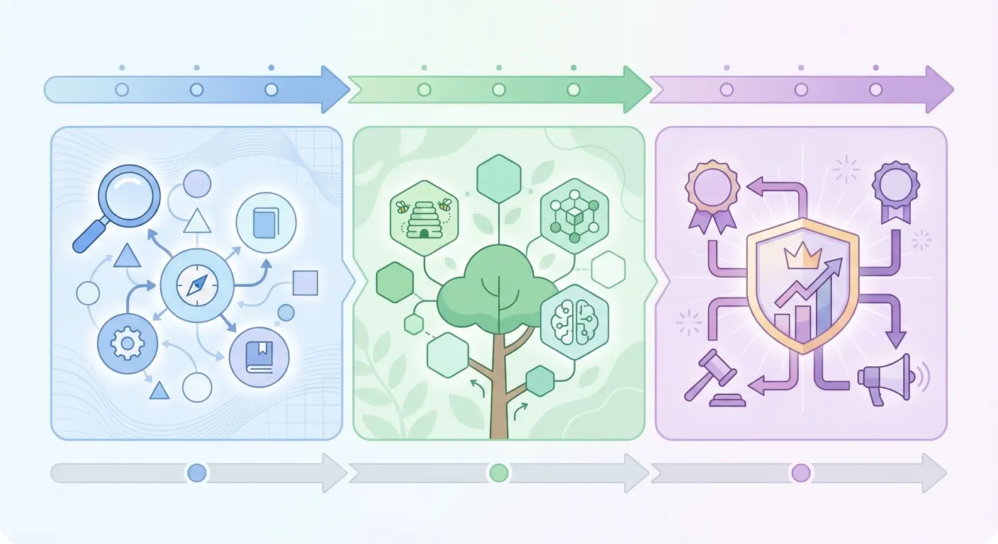 90-day topical authority SEO roadmap showing three color-coded phases: topic domain mapping, cluster build-out, and authority consolidation