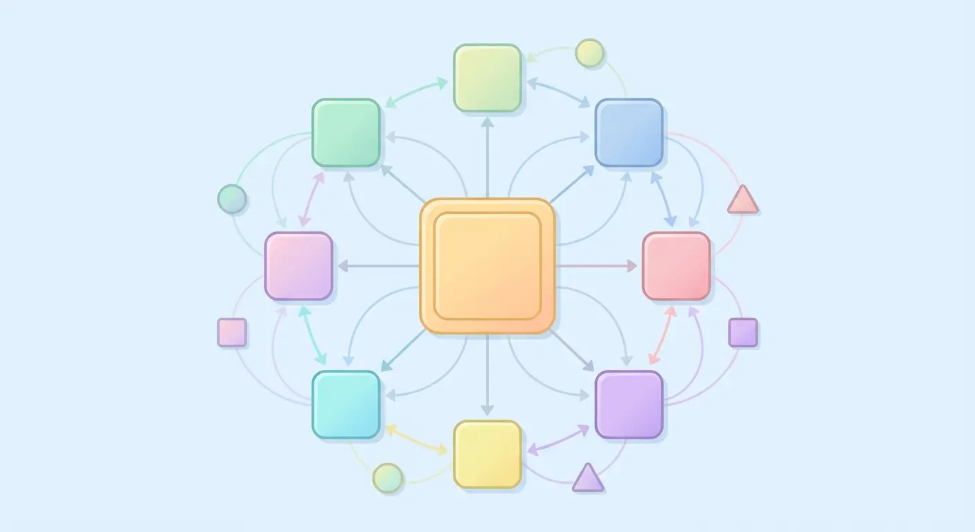 Pillar-cluster content architecture diagram for AI-powered SEO — showing a central pillar page connected to cluster articles and supporting content via internal links