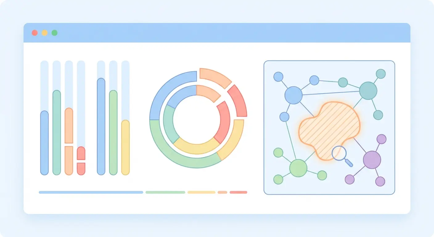 Topical coverage gap analysis dashboard visualization showing content program coverage ratios, uncovered topic areas, and semantic share of voice metrics for SEO strategy