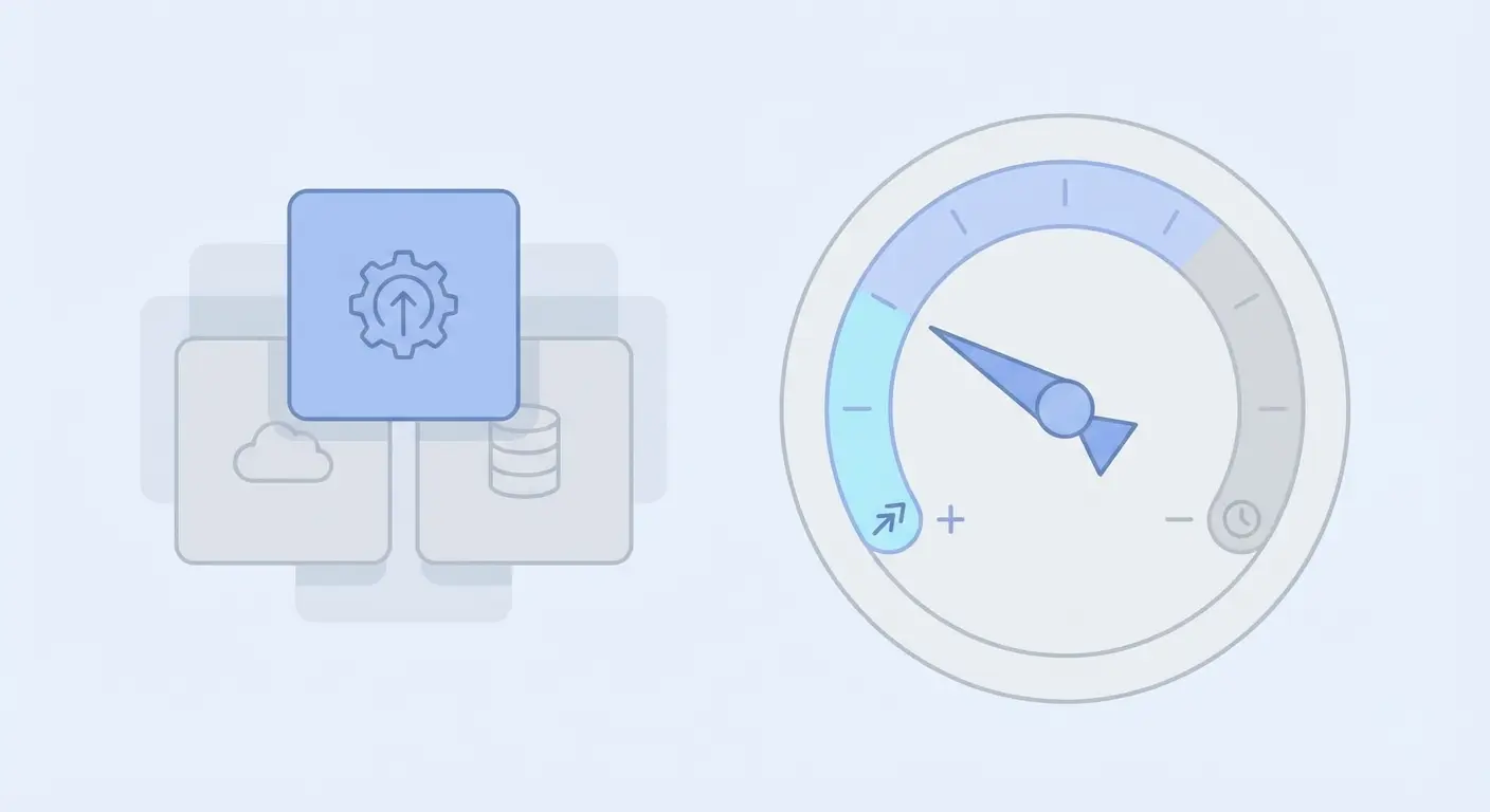 Illustration comparing a lean single WordPress SEO plugin stack versus multiple heavy plugins, with a performance speedometer showing faster load times from reduced plugin bloat