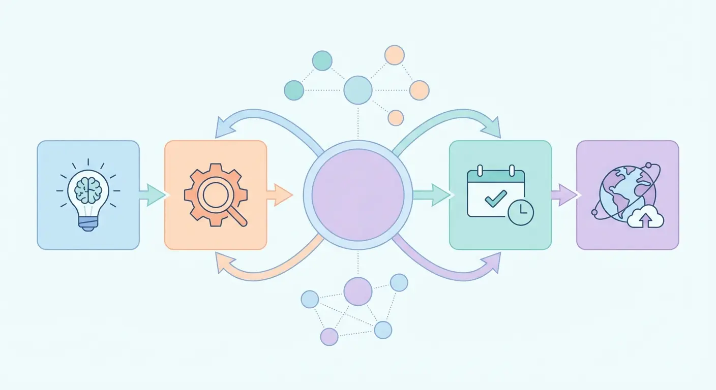 Automated content publishing workflow diagram showing AI generation, SEO optimization, scheduling, and WordPress publishing pipeline