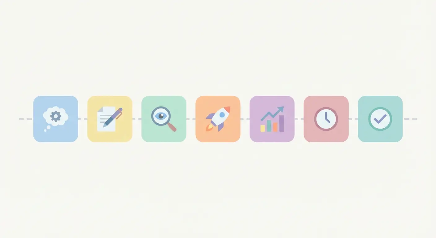 7-day WordPress content publishing calendar timeline showing strategy, content generation, review, scheduled publishing, and monitoring stages