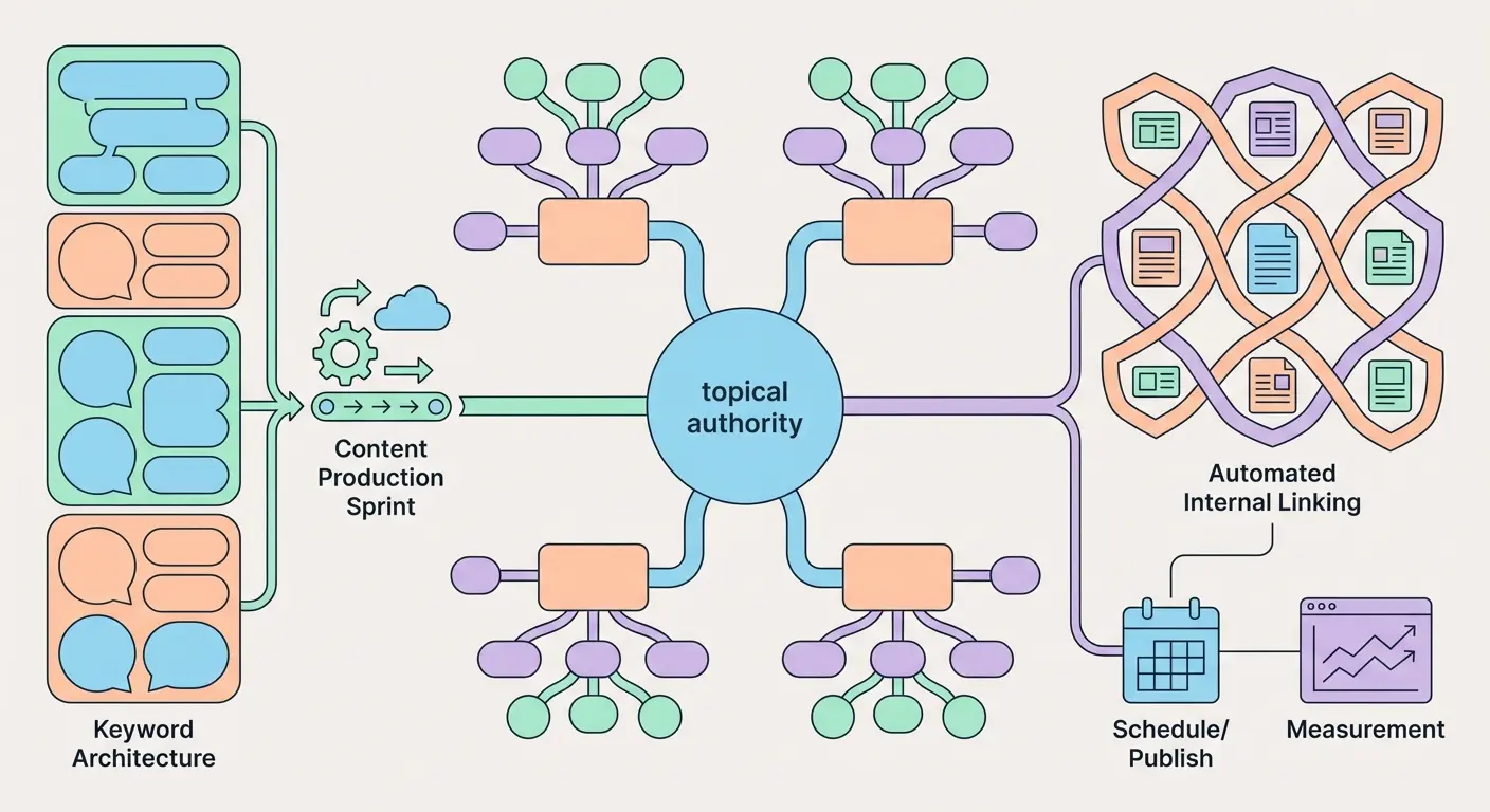 Flat vector diagram illustrating an end-to-end AI-powered SEO content generation workflow — showing pillar-cluster architecture, keyword mapping, automated internal linking, scheduled publishing, and performance measurement