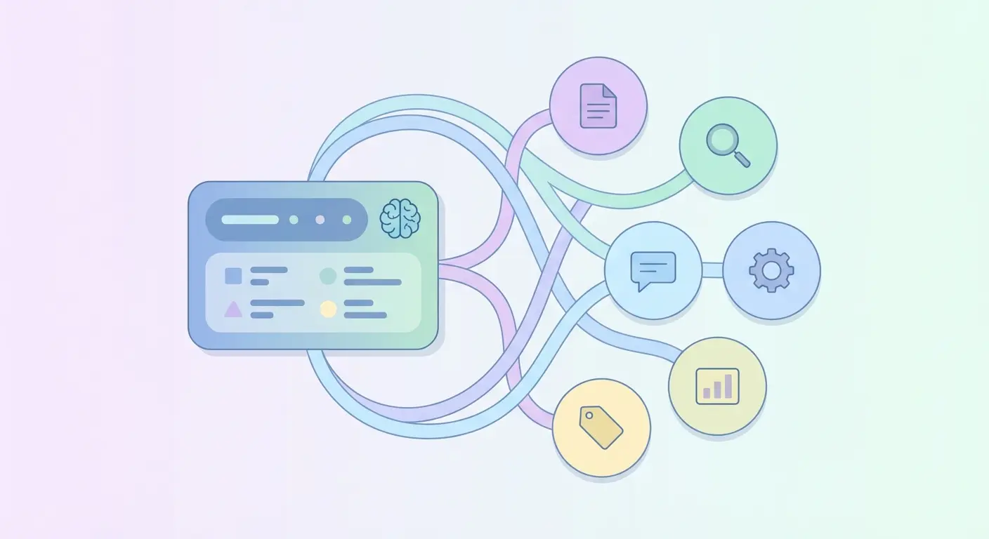 AI-powered SEO content dashboard showing pillar-cluster architecture with central pillar node connected to surrounding cluster subtopic nodes