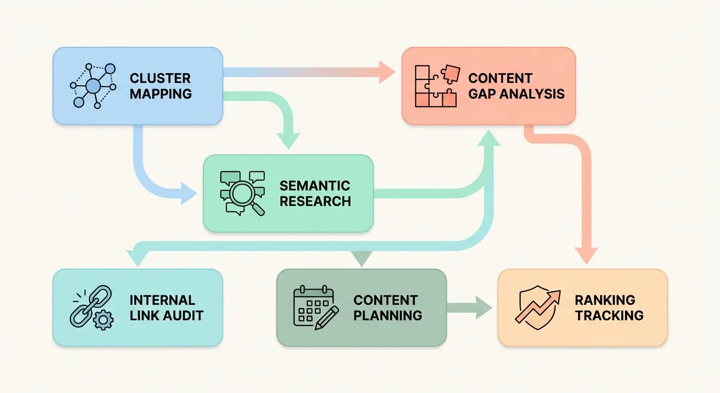 Topical authority SEO tool stack workflow diagram showing how cluster mapping, semantic research, content gap analysis, internal link audit, and ranking tracking connect in sequence
