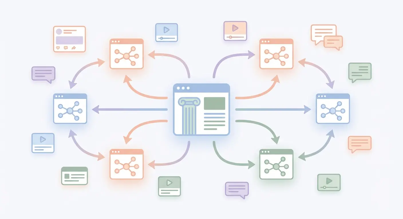 AI-powered SEO autopilot system diagram showing pillar page connected to cluster articles and supporting micro-content via automated internal linking