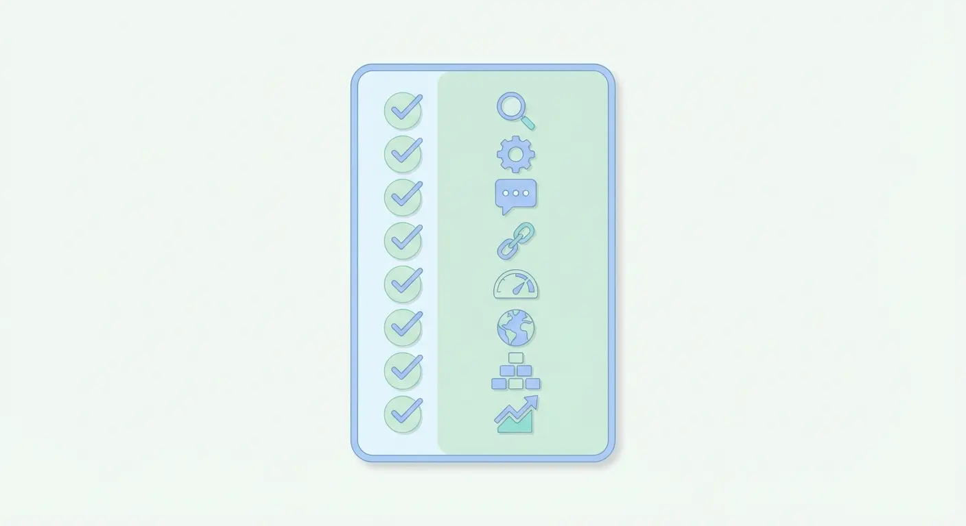Pre-publish SEO checklist card with checkmarks and quality review icons for automated WordPress content publishing workflow
