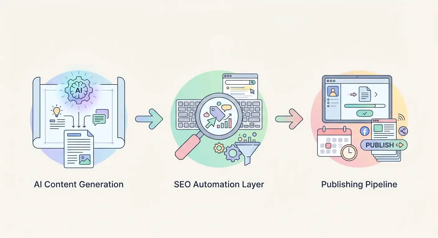 Three-stage automated blog writing workflow diagram showing AI content generation, SEO automation layer, and publishing pipeline