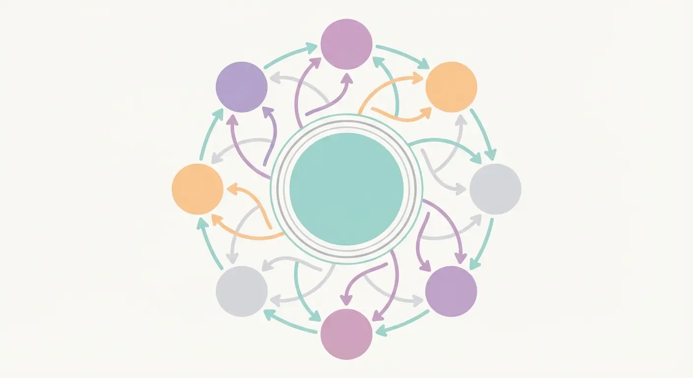 Pillar-cluster content map diagram showing a central pillar post connected to eight surrounding cluster posts, illustrating topical authority architecture for WordPress SEO