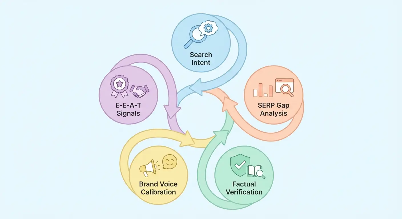 Five-step AI content quality control loop covering search intent alignment, SERP gap analysis, factual verification, brand voice calibration, and E-E-A-T signal injection