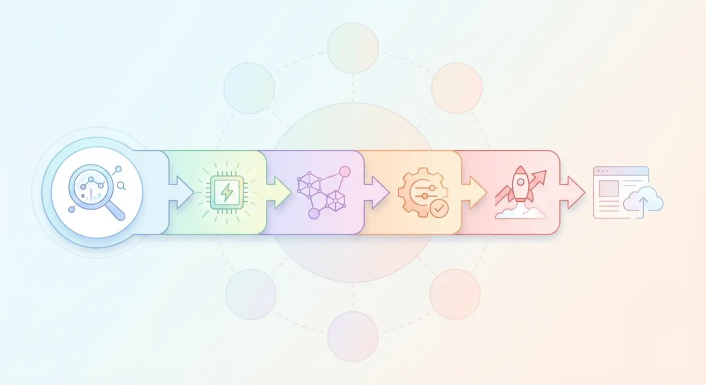 Automated blog writing and SEO content automation workflow showing five pipeline stages: keyword research, AI content generation, internal linking, on-page optimization, and one-click WordPress publishing