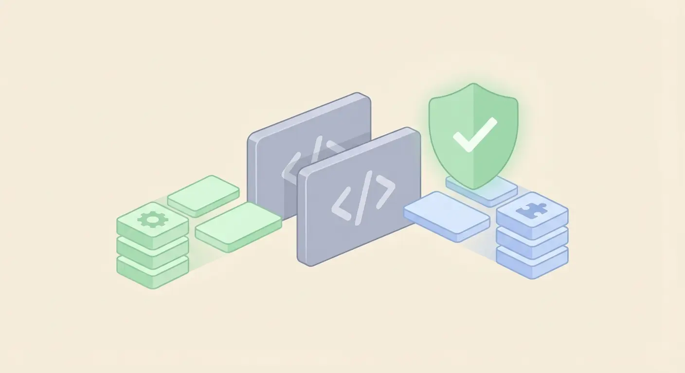 Flat illustration showing duplicate meta tag blocks output by both a WordPress theme and SEO plugin, with a shield indicating plugin priority wins