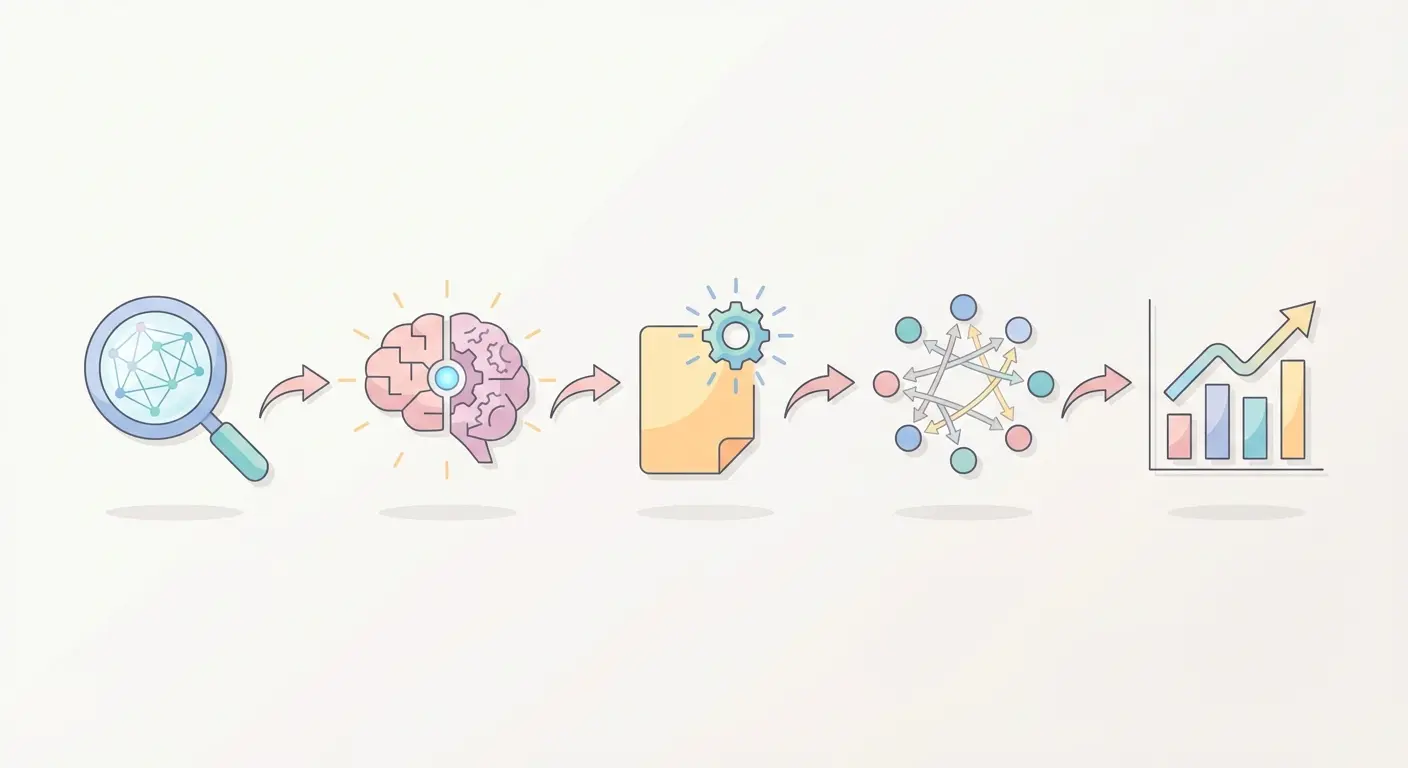 AI SEO automation workflow diagram showing keyword research, content generation, publishing, internal linking, and performance monitoring stages