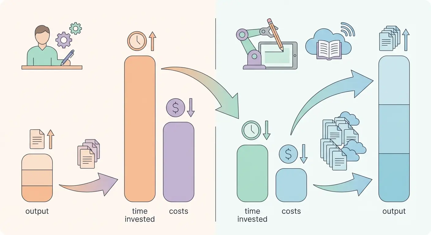 ROI comparison infographic showing traditional content production costs versus AI-driven automated blog writing output and savings