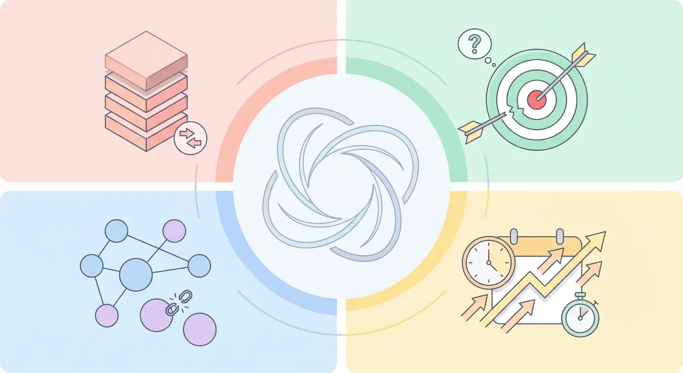 Infographic showing the four main failure modes of automated blog writing: topic cannibalization, intent mismatch, orphaned content, and publishing velocity spikes
