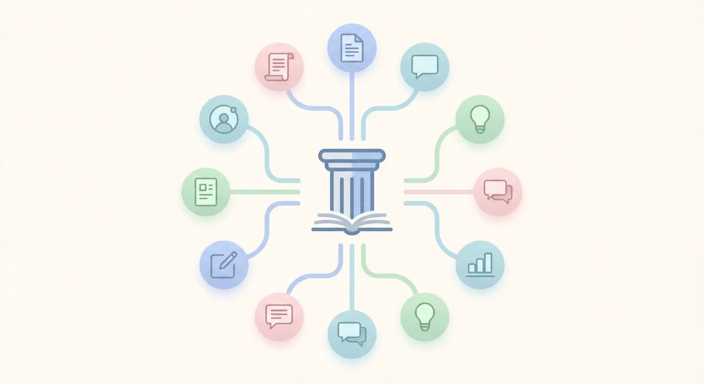 Pillar-cluster content architecture diagram showing a central pillar page connected to surrounding cluster articles via internal links — the hub-and-spoke model for automated blog writing and topical authority