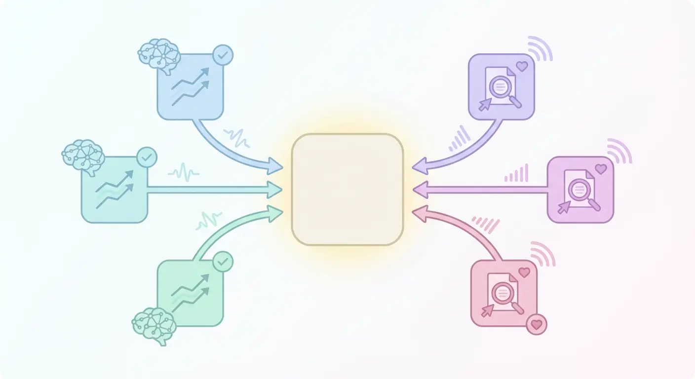Topical authority SEO diagram showing domain-wide versus page-level signals, with a central domain hub connected to five cluster content pages via curved arrows in blue, green, purple, and pink