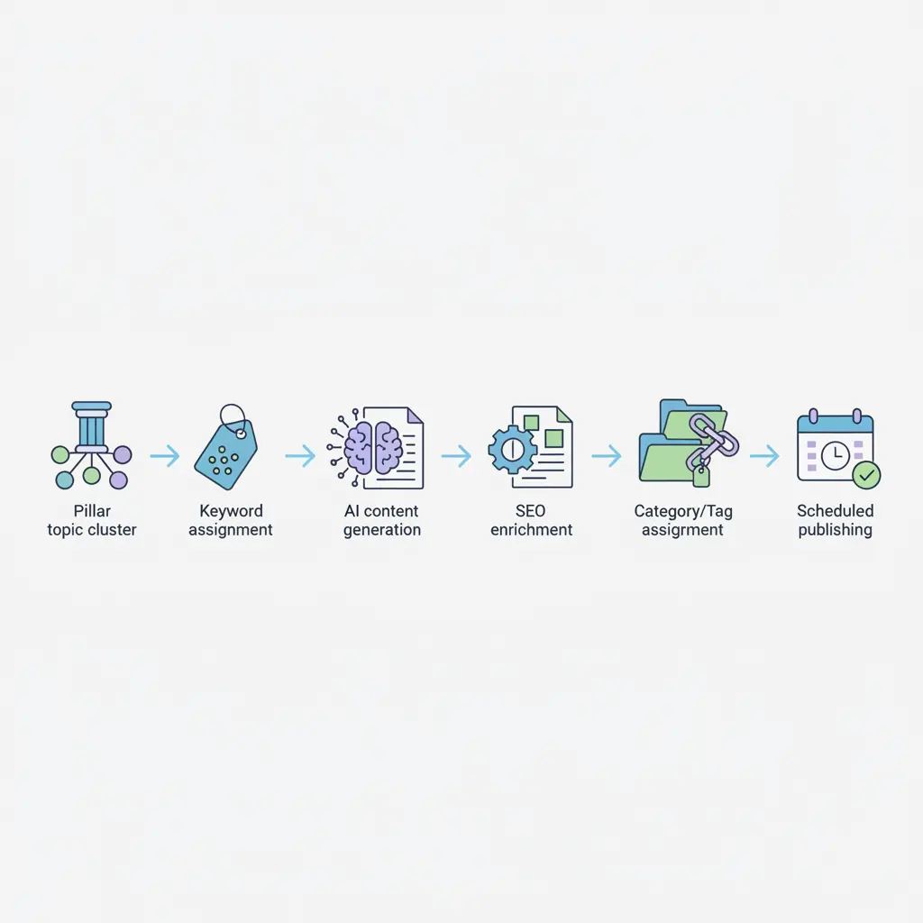 Automated WordPress content publishing workflow diagram showing seven stages from topic clustering through keyword assignment, AI generation, SEO enrichment, internal linking, category assignment, and scheduled publishing