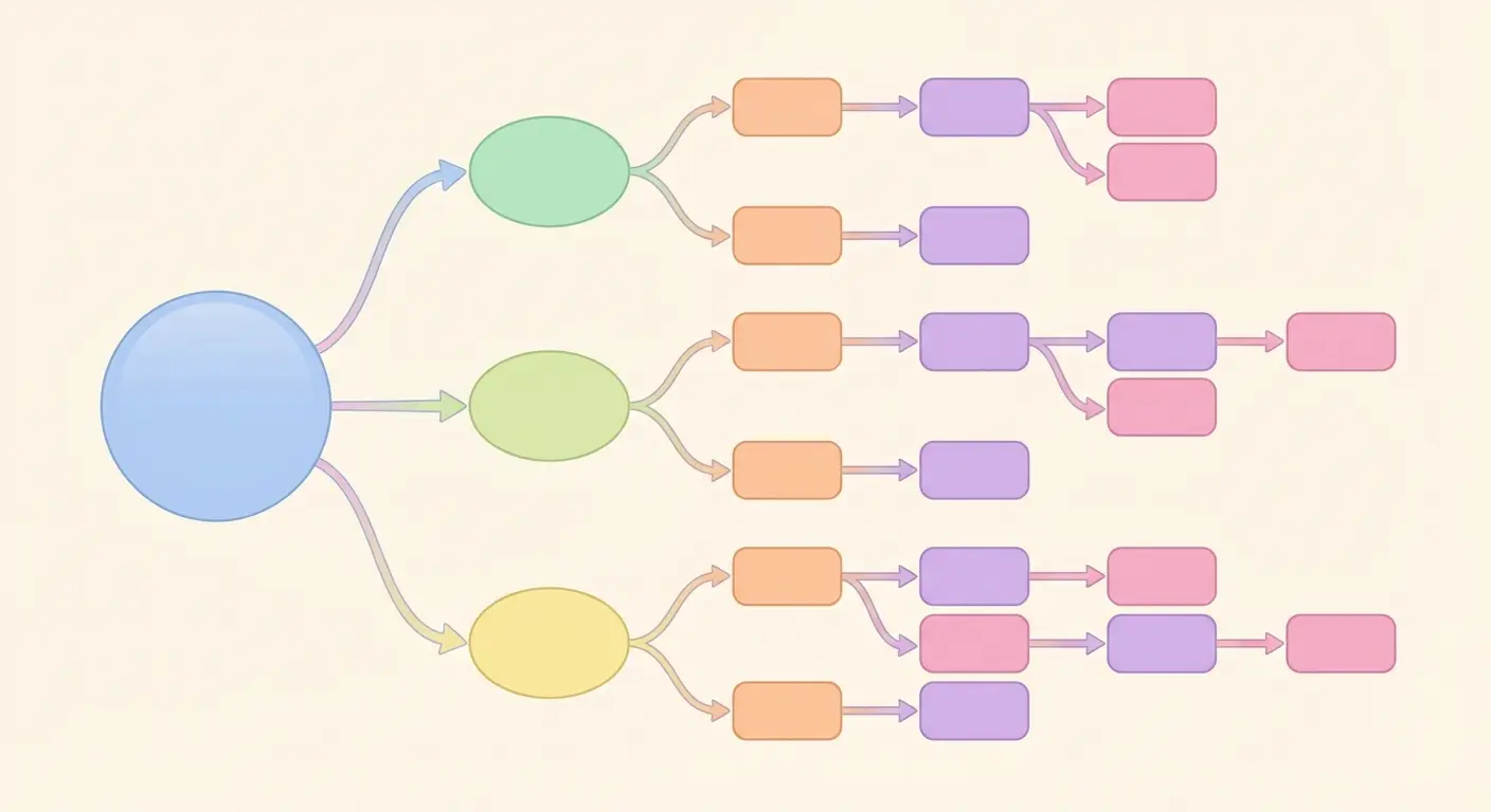 Topical map hierarchy diagram for SEO content planning showing pillar, cluster, and supporting topic nodes with semantic connection lines