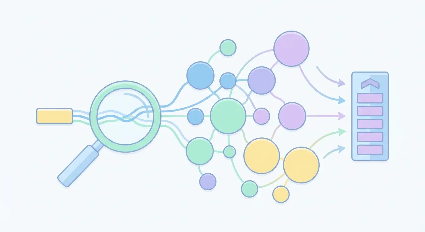 Long-tail keyword research process for AI SEO and content automation — seed keyword expanding into topic clusters mapped to a pillar-page architecture