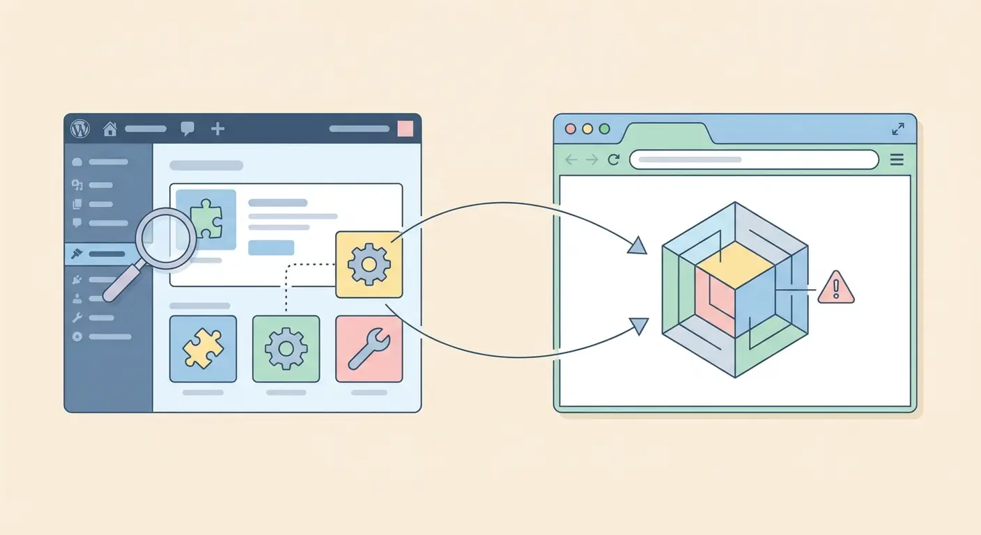 WordPress admin dashboard showing schema markup generator troubleshooting — plugin icons, JSON-LD data block, and debugging symbols including magnifying glass and warning glyphs