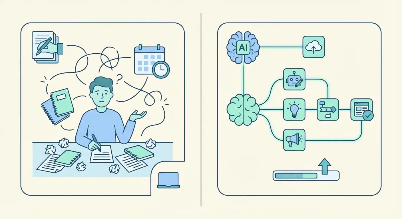Side-by-side comparison of manual versus AI-powered automated blog writing workflow showing efficiency gains through content automation