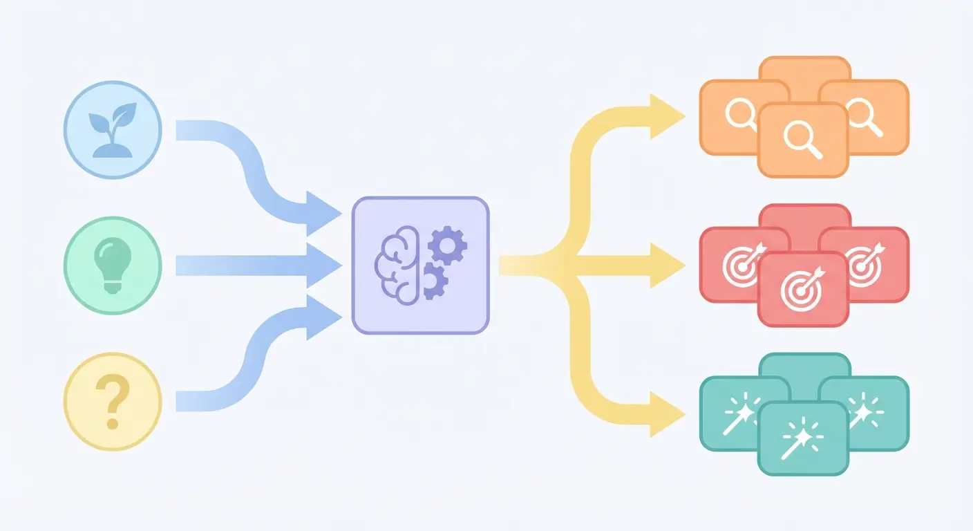 AI-powered long-tail keyword discovery workflow diagram showing seed topics feeding into intent-clustered keyword groups for SEO content strategy