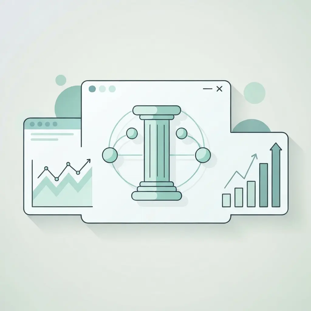 AI-powered SEO dashboard showing pillar-cluster content architecture with topical authority nodes and organic traffic growth indicators