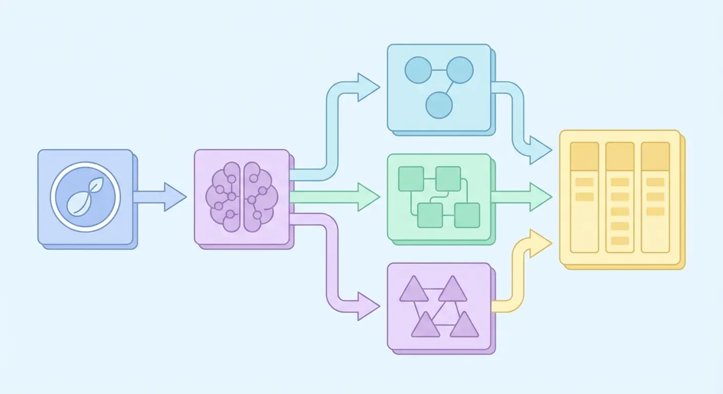 Automated keyword intent clustering workflow showing seed keywords feeding into an AI classifier that generates grouped topic families for pillar content planning