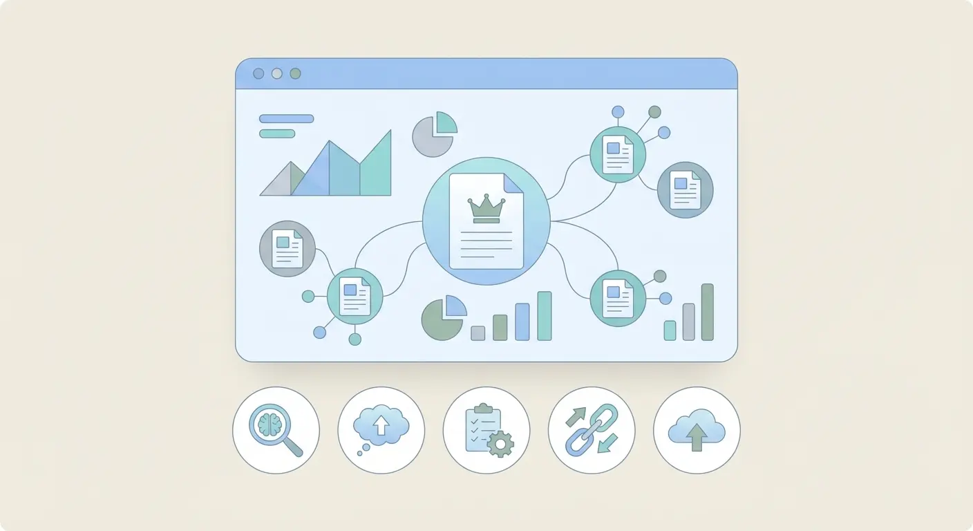 Automated blog writing and SEO content automation dashboard showing pillar-cluster architecture with internal linking workflow