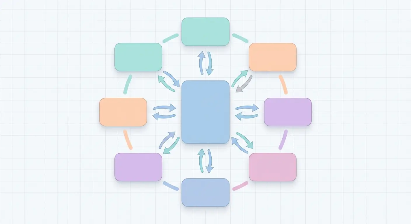 Bidirectional internal linking diagram showing pillar page connected to cluster pages with two-way arrows — the foundation of topical authority SEO