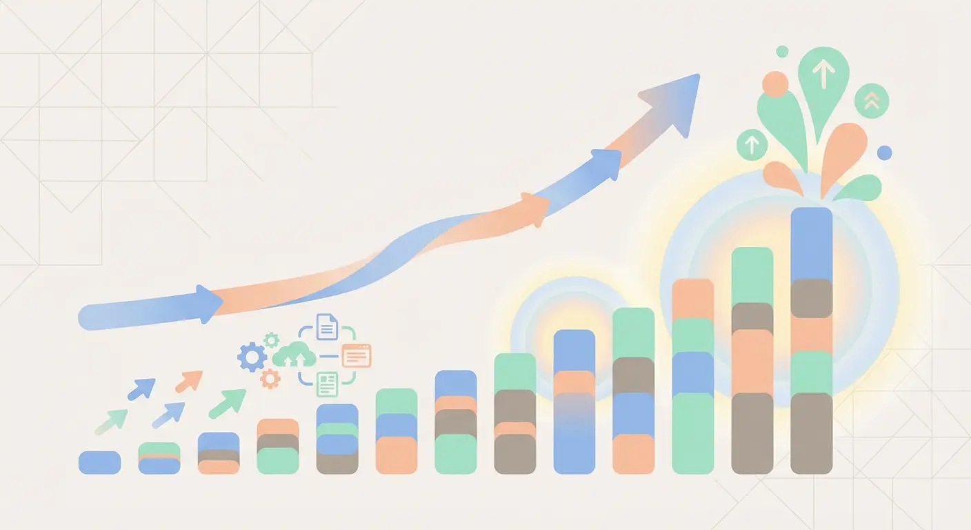 14-day SEO content automation traffic growth chart showing rising keyword rankings and organic visit trajectory from automated blog publishing