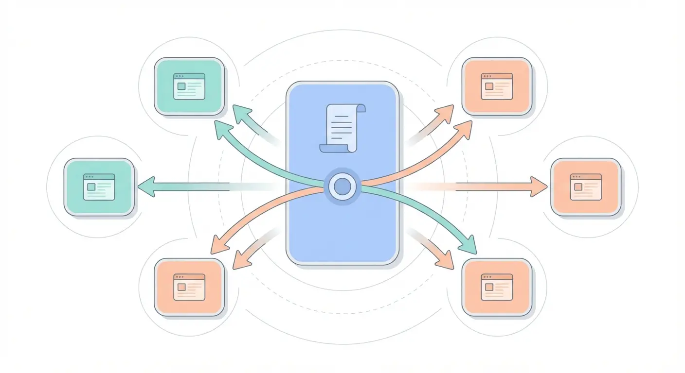 Content velocity framework diagram illustrating pillar-cluster architecture with bidirectional topical authority signal flow between a central pillar page and surrounding cluster pages