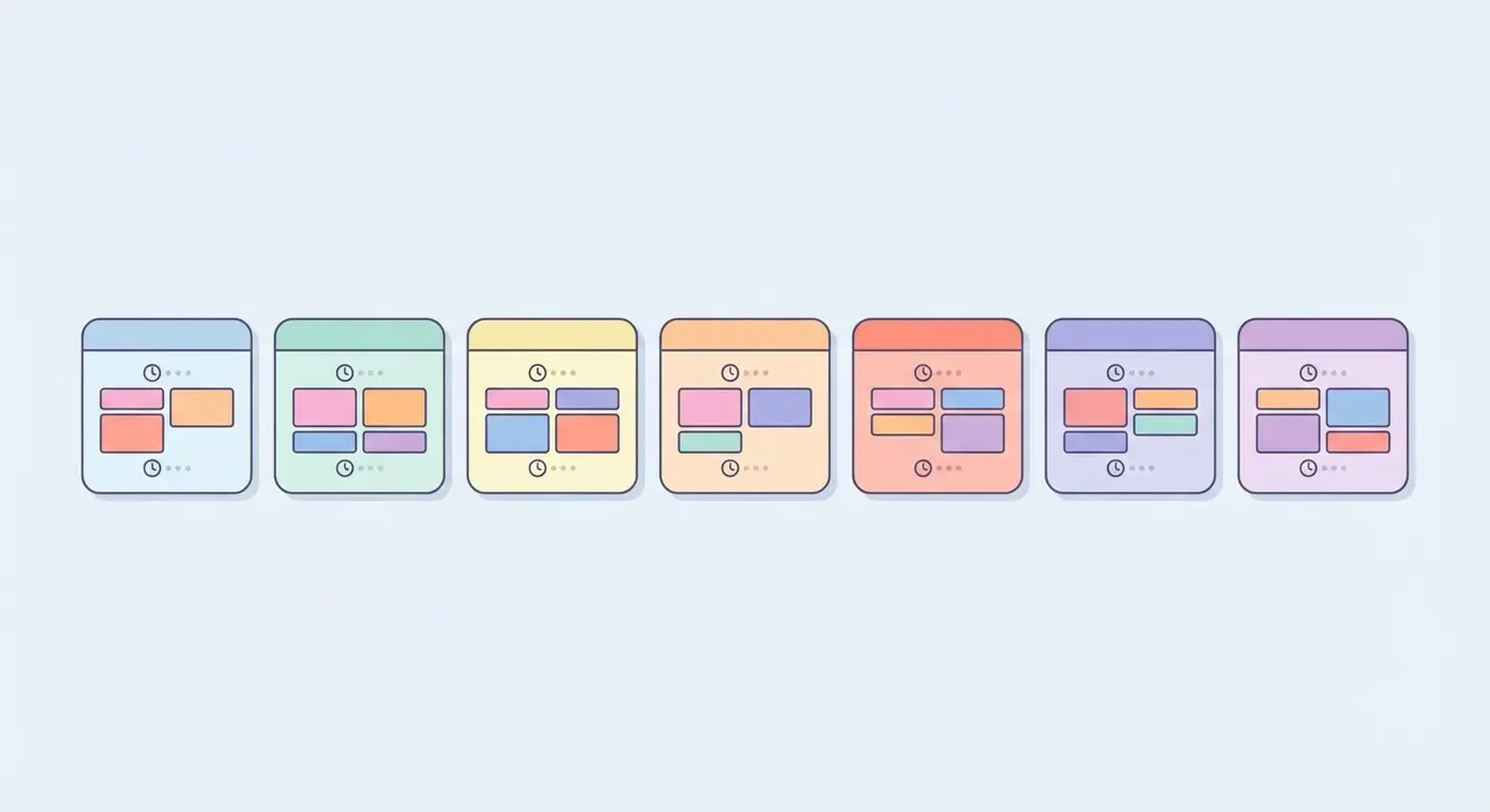 7-day automated WordPress content publishing calendar showing color-coded daily post schedule for a 30-post sprint