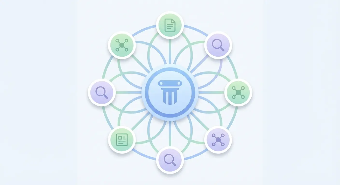 Pillar-cluster content architecture diagram showing one central pillar page connected to eight cluster article nodes through internal linking, visualizing topical authority building