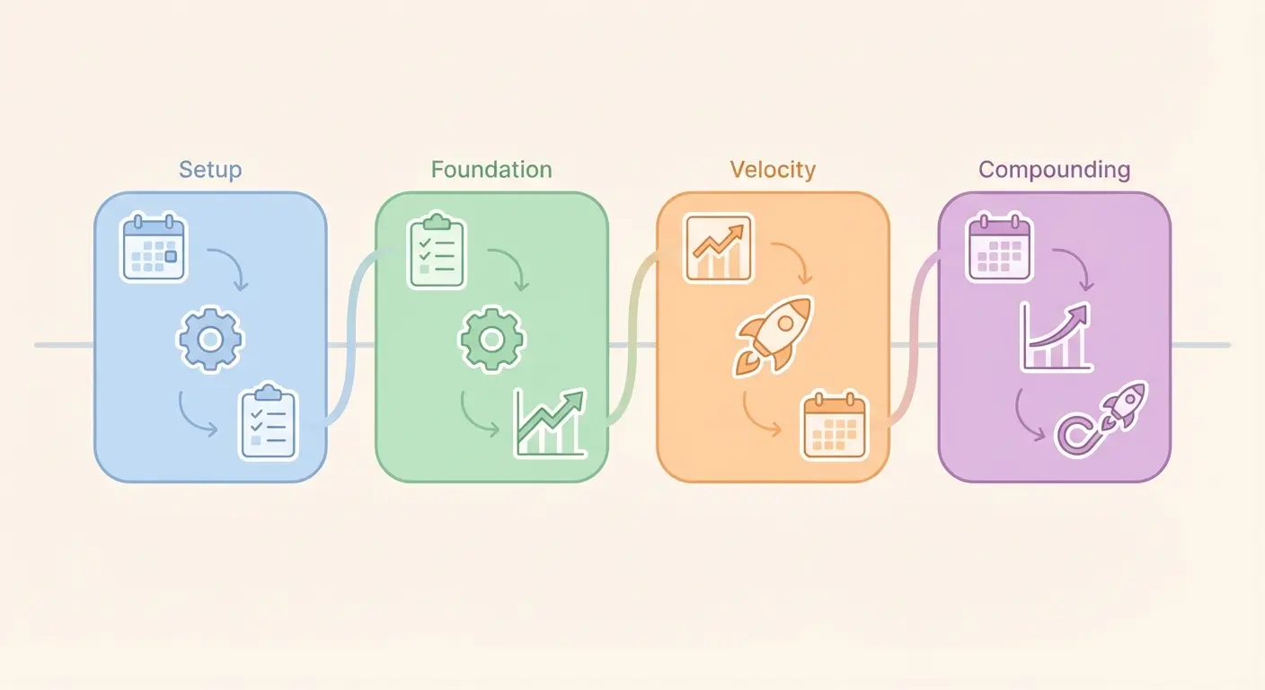 90-day AI SEO action plan timeline infographic showing four phases: setup, foundation, velocity, and compounding with workflow icons